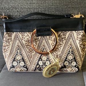 Henna Shoulder Black Leather Linen Trim Clutch